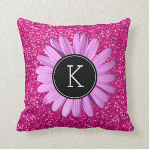 Girly Hot Pink Glitter Flower Custom Monogram Cushion