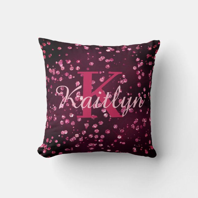 Girly Hot Pink Glitter Glam Monogram Script Cushion (Front)