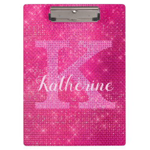 Girly Hot Pink Glitter Glam Sparkle Monogram Name Clipboard