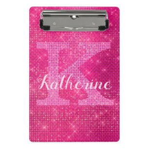 Girly Hot Pink Glitter Glam Sparkle Monogram Name Mini Clipboard
