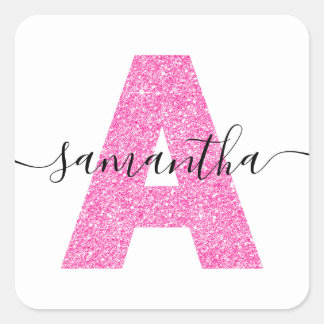 Girly Hot Pink Glitter Letter A Monogram Square Sticker