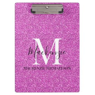 Girly Hot Pink Glitter Monogram Name Clipboard