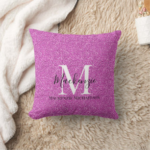 Girly Hot Pink Glitter Monogram Name Cushion