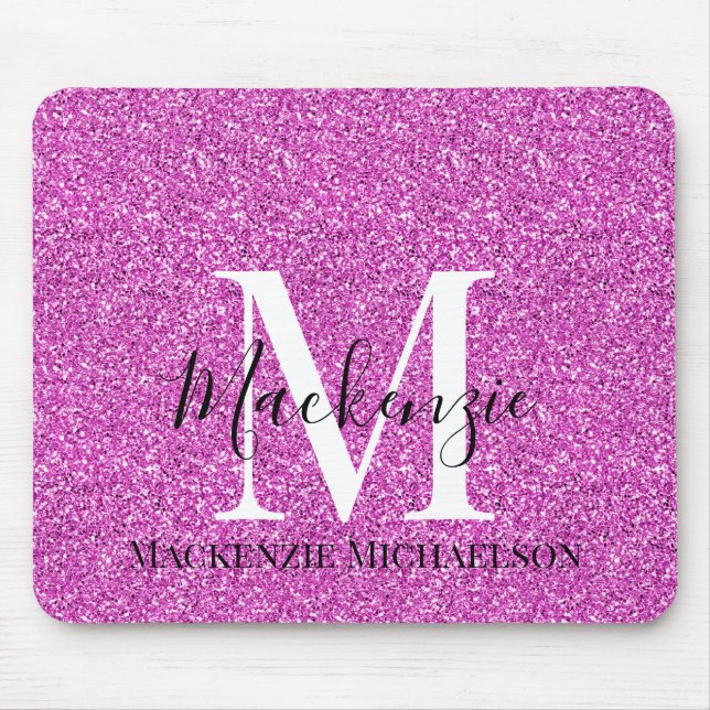 Girly Hot Pink Glitter Monogram Name   Mouse Mat (Front)