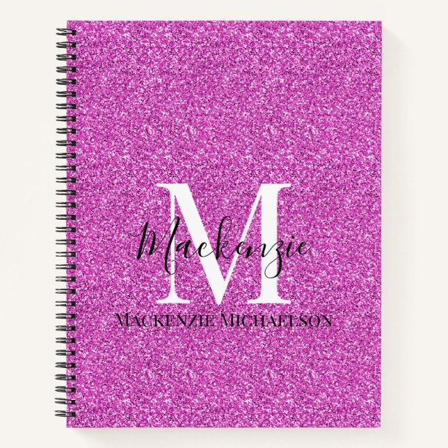 Girly Hot Pink Glitter Monogram Name Notebook (Front)