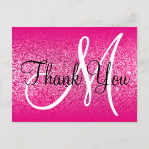 Girly Hot Pink Glitter Ombre Monogram Thank You Postcard