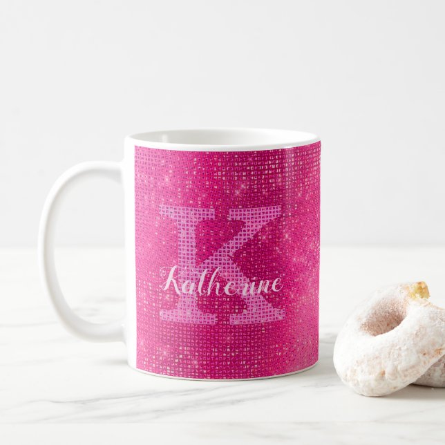 Girly Hot Pink Glitter Sparkle Glam Monogram Name Coffee Mug (With Donut)