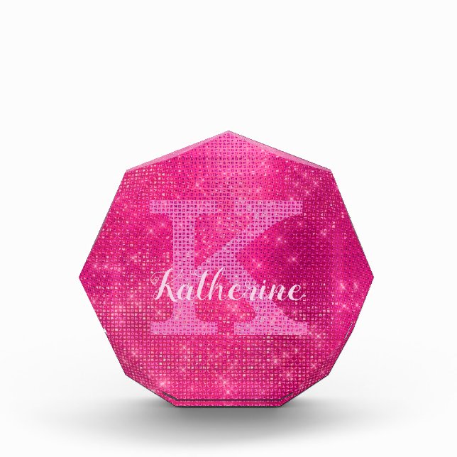 Girly Hot Pink Glitter Sparkle Glam Monogram Name Photo Block (Front)