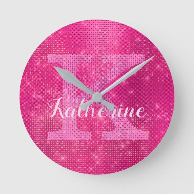 Girly Hot Pink Glitter Sparkle Glam Monogram Name Round Clock (Front)