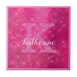 Girly Hot Pink Glitter Sparkle Glam Monogram Name Tile