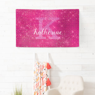 Girly Hot Pink Glitter Sparkle Monogram Name Dorm Banner