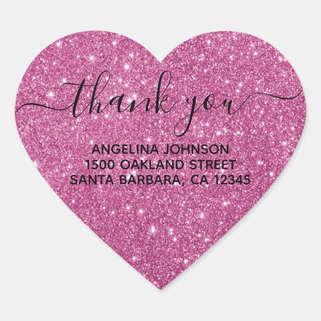 Girly Hot Pink Glitter Thank You Envelope Heart Sticker (Front)