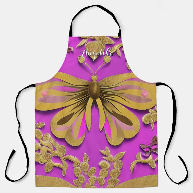Girly Hot Pink Gold Butterfly Personalised Name Apron (Front)