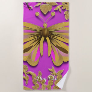 Girly Hot Pink Gold Butterfly Personalised Name Beach Towel