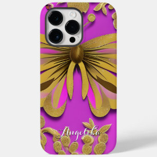 Girly Hot Pink Gold Butterfly Personalised Name Case-Mate iPhone 14 Pro Max Case
