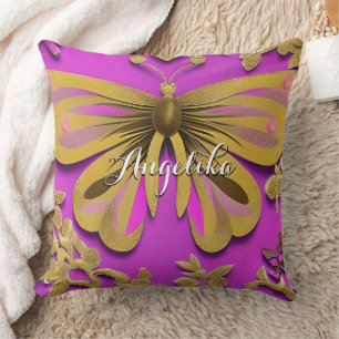 Girly Hot Pink Gold Butterfly Personalised Name Cushion