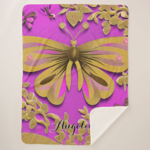 Girly Hot Pink Gold Butterfly Personalised Name Sherpa Blanket