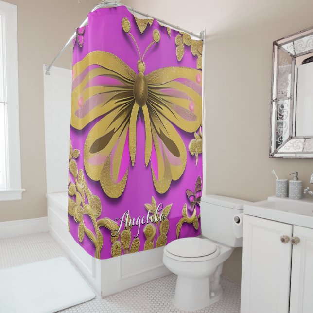 Girly Hot Pink Gold Butterfly Personalised Name Shower Curtain (In Situ)