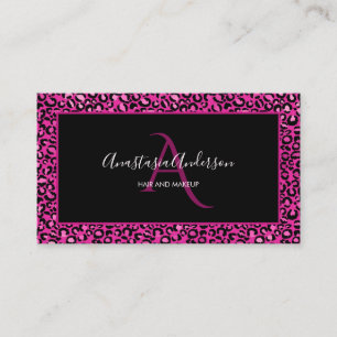 Girly Hot Pink Leopard Spots Chic Black Monogram Business Card
