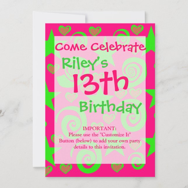 Girly Hot Pink Lime Green Stars Hearts Swirls Gift Invitation (Front)