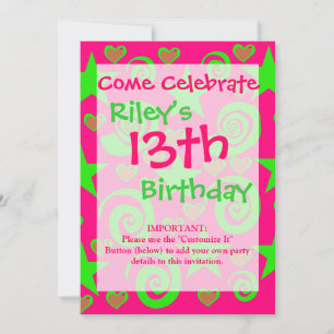 Girly Hot Pink Lime Green Stars Hearts Swirls Gift Invitation