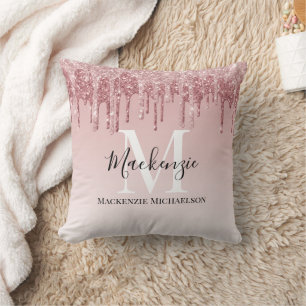Girly Hot Pink Ombre Glitter Monogram Name   Cushion