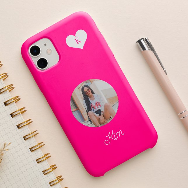Girly hot pink photo and name personalised modern  Case-Mate iPhone case (Creator Uploaded)