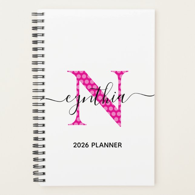 Girly Hot Pink Polka Dot Monogram Planner (Front)