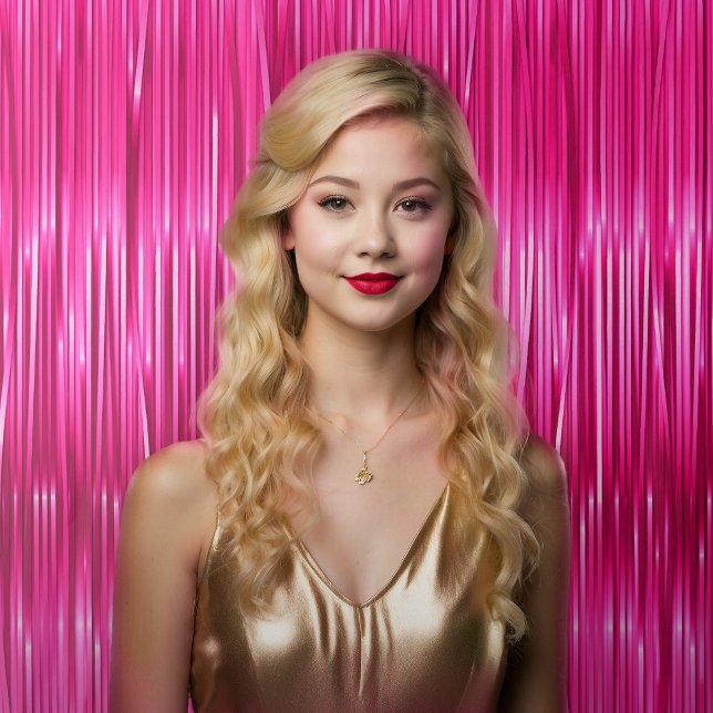 Girly Hot Pink Selfie Faux Tinsel Backdrop Tapestry (Mockup of teen girl standing in front of backdrop.)