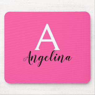 Girly Hot Pink White & Black Monogram Name Mouse Mat