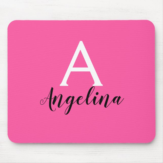Girly Hot Pink White & Black Monogram Name Mouse Mat (Front)