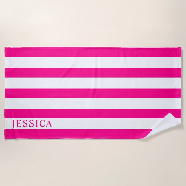 Girly Hot Pink White Cabana Strip Personalised Beach Towel (Front)