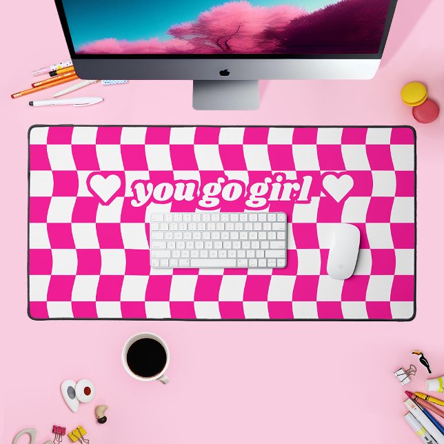 Girly Hot Pink White Chequerboard Pattern Slogan Desk Mat (Creator Uploaded)