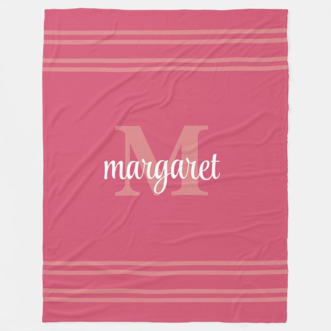 Girly hot pink  white monogram name Fleece Blanket (Front)