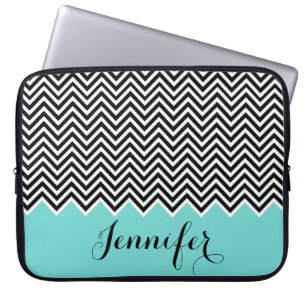 GIRLY HOT TEAL BLUE black white Chevron Custom Laptop Sleeve