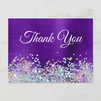 Girly Indigo Purple Foil Holo Glitter Thank You Postcard