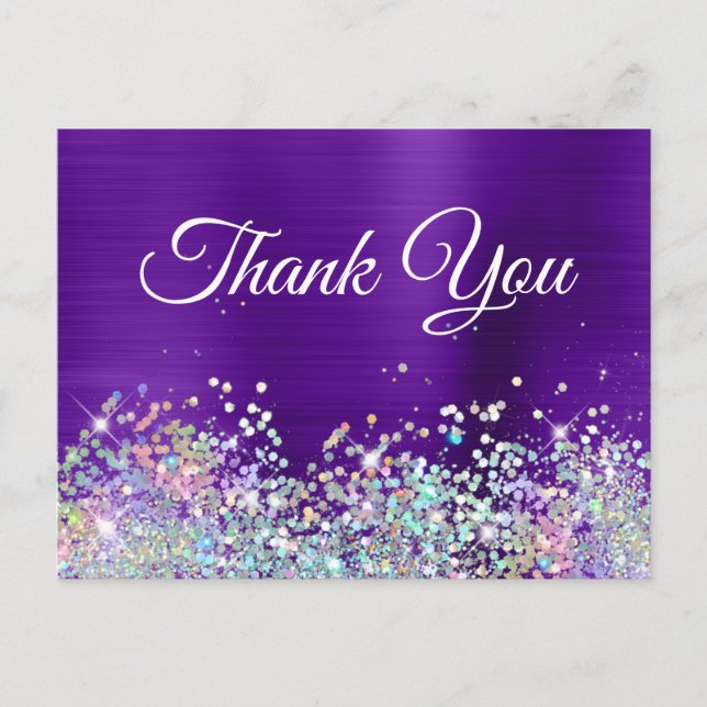 Girly Indigo Purple Foil Holo Glitter Thank You Postcard (Front)