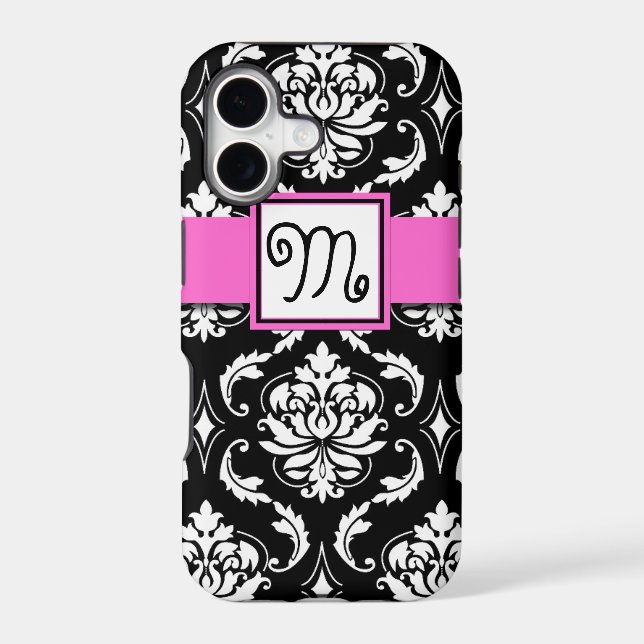GIRLY INITIAL, PINK, BLACK VINTAGE DAMASK PATTERN (Back)