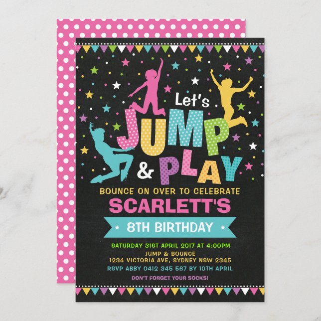 Girly JUMP Birthday Party Bounce House Trampoline Invitation (Front/Back)