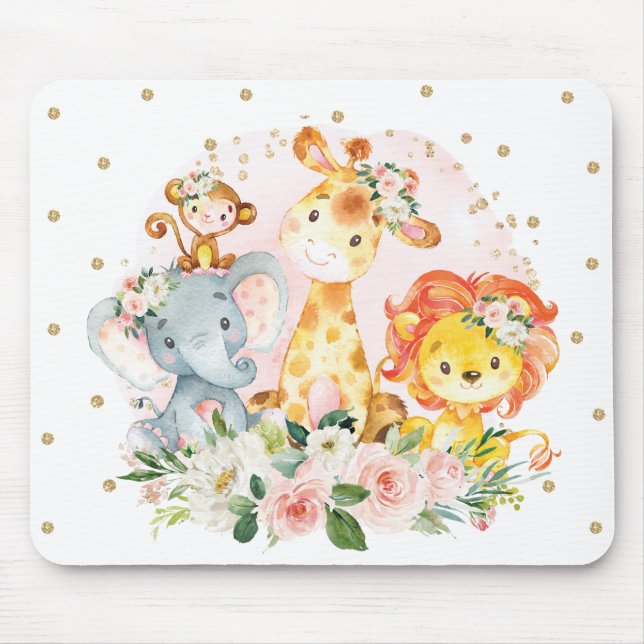 Girly Jungle Safari Animals Blush Gold Flowers Mouse Mat (Front)