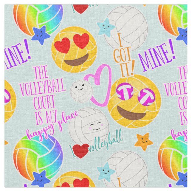 girly kawaii emoji volleyball typography pattern fabric (Close Up)