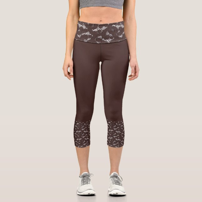 Girly Lace Pattern White and brown Fitness  Capri Leggings (Front)