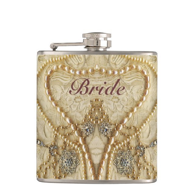 Girly Lace Purls And Bling Brides Flack Hip Flask (Front)