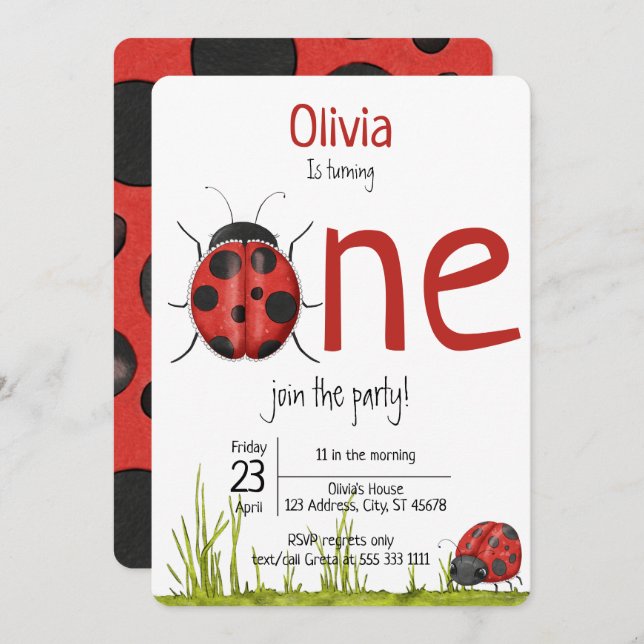 Girly Ladybug turning One Birthday Party Invitation (Front/Back)