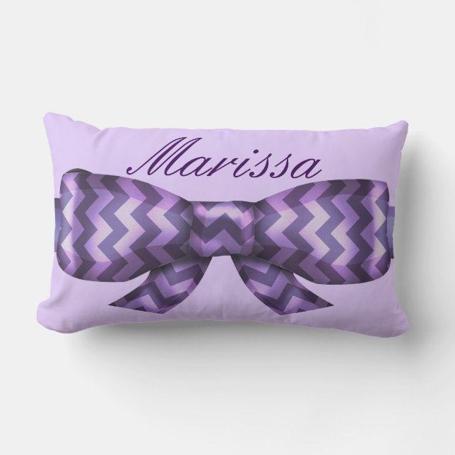 Girly Lavender Chevrons Bow & Name Lumbar Cushion (Front)