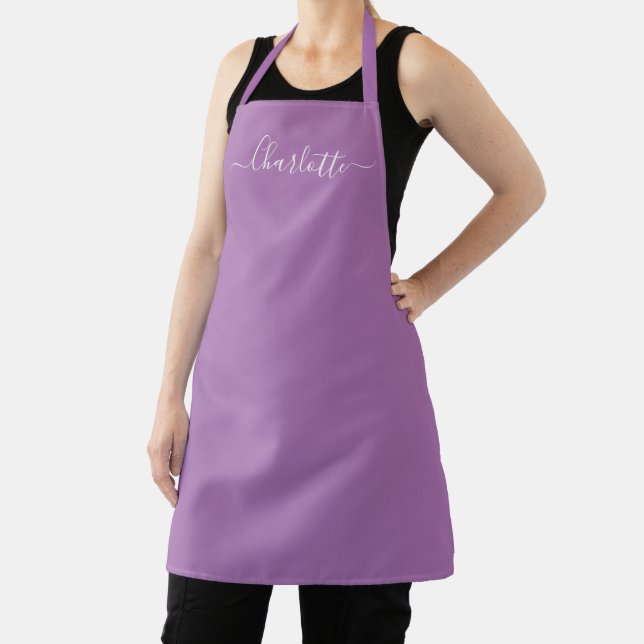Girly lavender custom modern script name monogram apron (Insitu)
