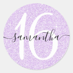 Girly Lavender Faux Glitter Personalised 16 Classic Round Sticker