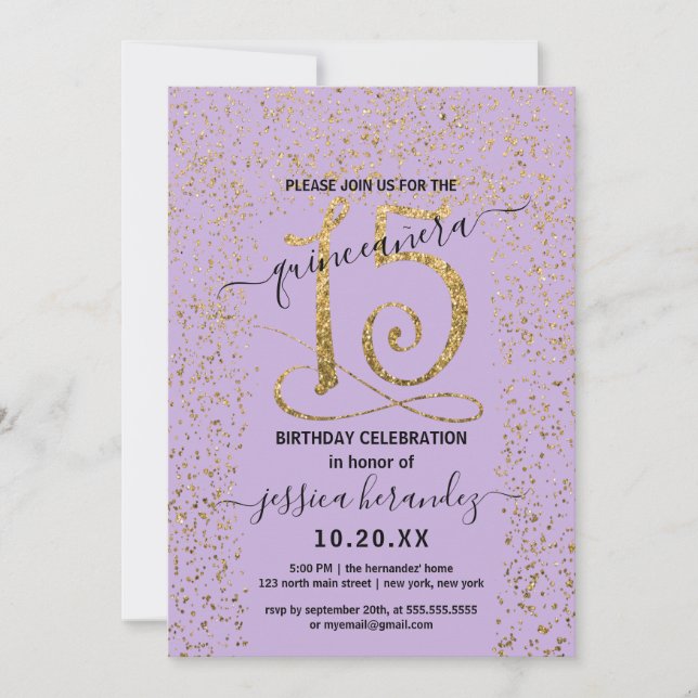 Girly Lavender Gold Confetti Border Quinceañera Invitation (Front)
