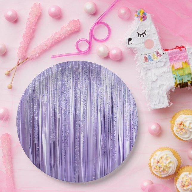 Girly Lavender Purple Glam Tinsel Stripes  Paper Plate (Party)