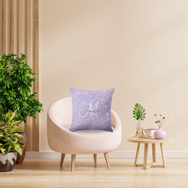 Girly Lavender Purple Glitter Blush Monogram name  Cushion (Creator Uploaded)